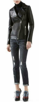 Leather And Knit Biker Jacket, Cashmere Turtleneck Sweater & Stone Washed Stretch Ripped Denim Pant